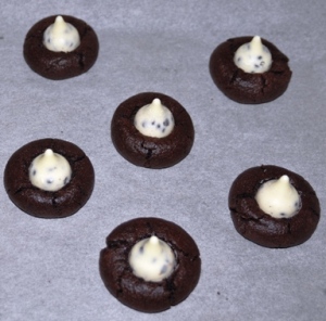 Chocolate thumbprint cookies with cookies 'n' cream Hershey's Kisses